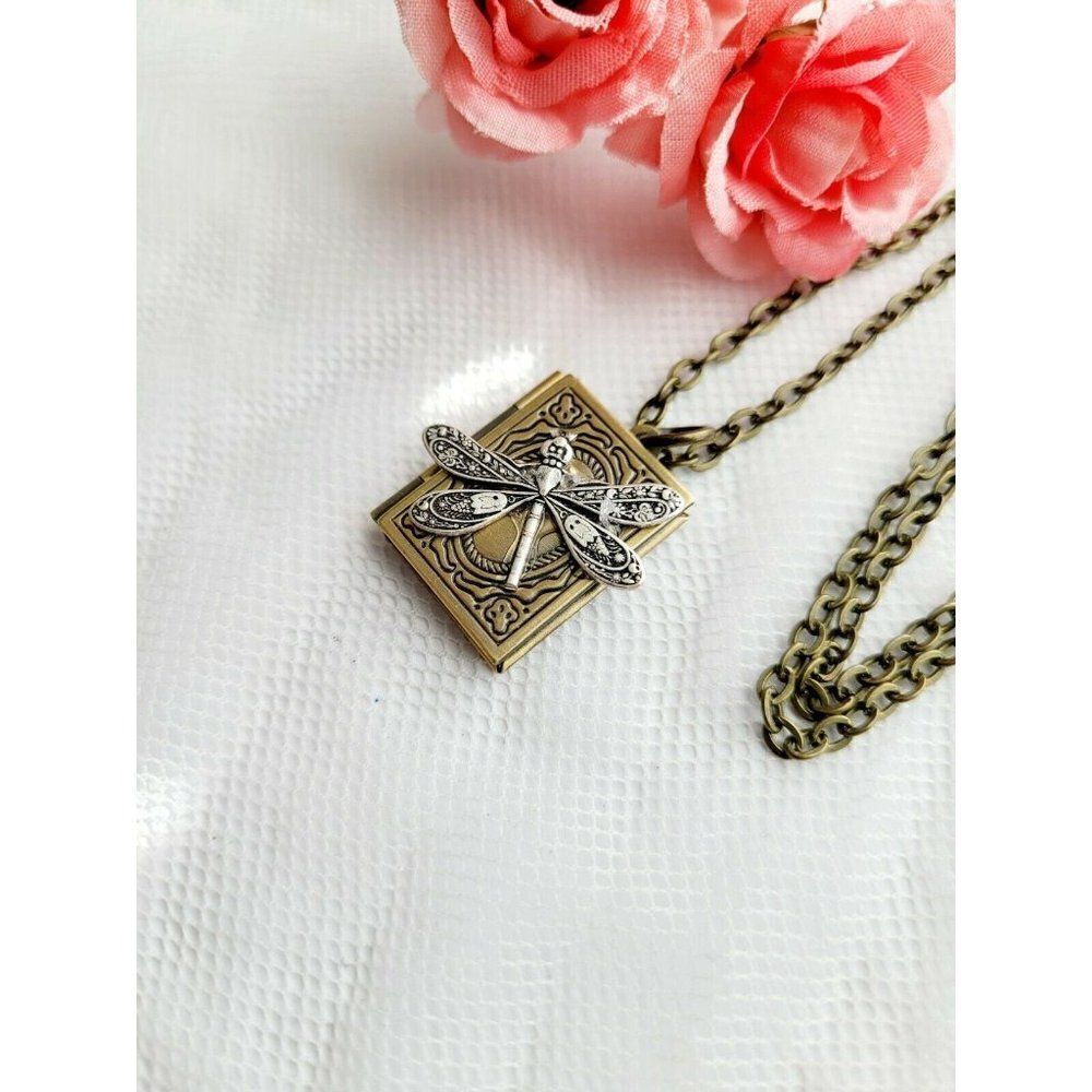 COPY - Christmas gift mom wife Dragonfly Square Locket Photo Memory Bronze Silv…